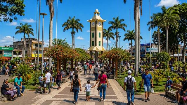 Plaza de Puerto Maldonado con su torre del reloj, palmeras y familias paseando.
