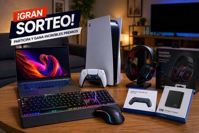 Consola de videojuegos, laptop, teclado, audífonos gamer y accesorios tecnológicos del sorteo de la feria.