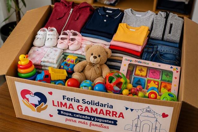 Caja de la Feria Solidaria Lima Gamarra con ropa, calzado y juguetes para familias.